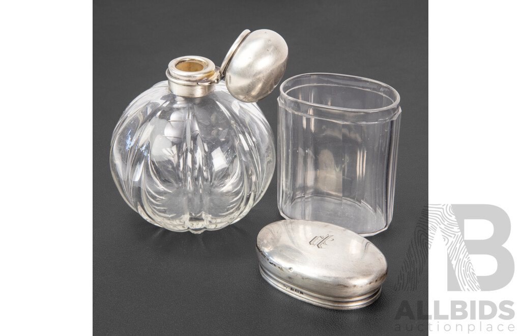 Antique Sterling Silver Bulbous Scent Bottle, Walker & Hall, Birmingham, 1906 and Powder Jar, Hardy Brothers, Birmingham, 1916