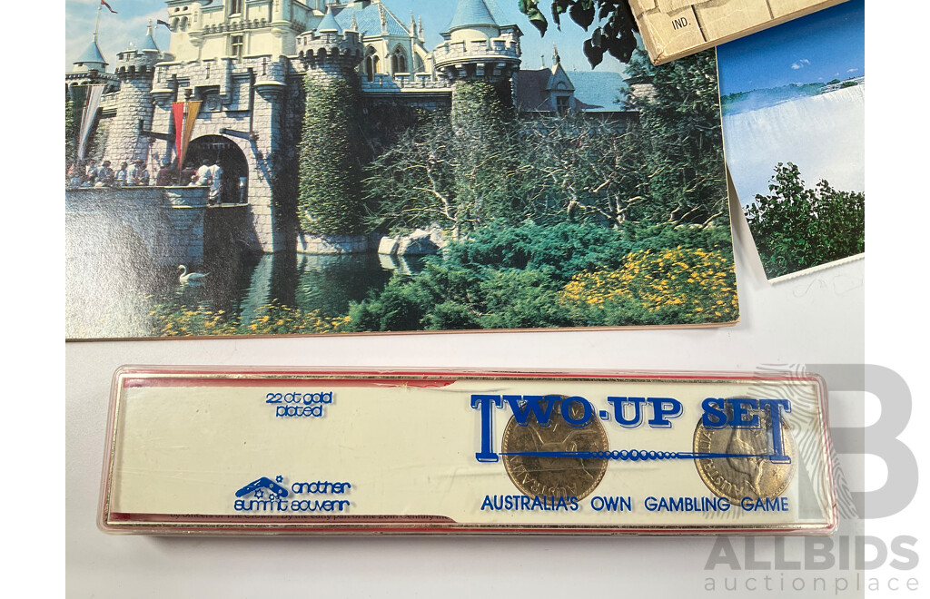 Australian 22ct God Plated Pennies Two Up Set, Collection of Vintage International Post Cards, Antique and Vintage Charity Pins and Badges, 1971 Disney Pictorial Souvenir..............