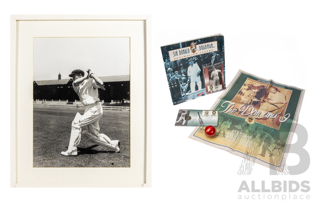 Donald Bradman (20th Century, Australian, 1908-2001), Lot of Bradman Memorabilia Including Facsimile Signed & Framed Photograph and More, 52H x 42W cm (frame)