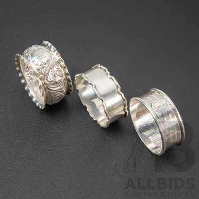 Three Sterling Silver Napkin Rings Including John Rose, Wilmot Manufacturing Co, Birmingham