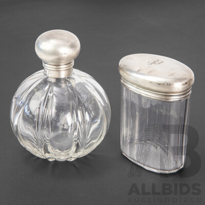 Antique Sterling Silver Bulbous Scent Bottle, Walker & Hall, Birmingham, 1906 and Powder Jar, Hardy Brothers, Birmingham, 1916
