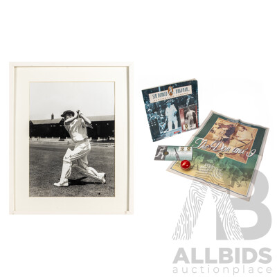 Donald Bradman (20th Century, Australian, 1908-2001), Lot of Bradman Memorabilia Including Facsimile Signed & Framed Photograph and More, 52H x 42W cm (frame)