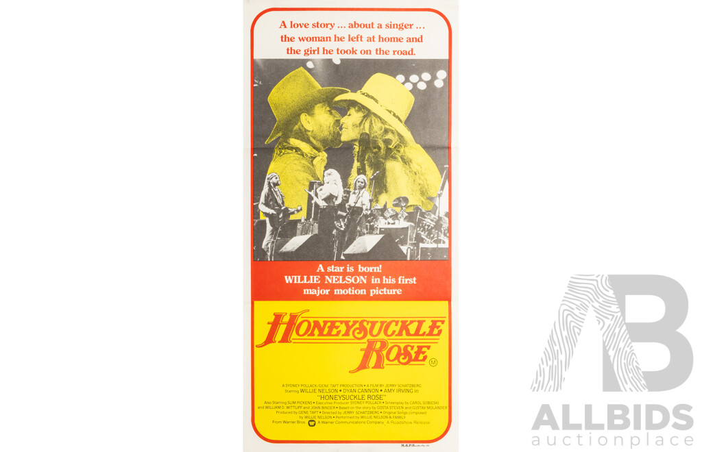 Willie Nelson in ‘Honeysuckle Rose’ (1980), Original Australian Daybill Cinema Poster, M.A.P.S. Litho Pty. Ltd.