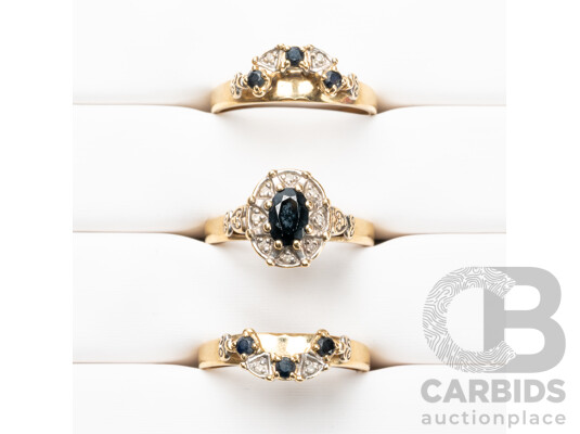 10ct Yellow Gold Sapphire & Diamond Engagement/ Wedder/ Eternity Ring Set - Size K