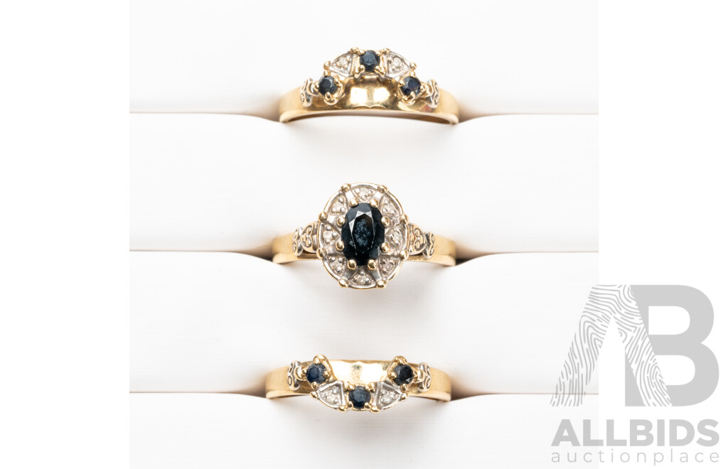 10ct Yellow Gold Sapphire & Diamond Engagement/ Wedder/ Eternity Ring Set - Size K