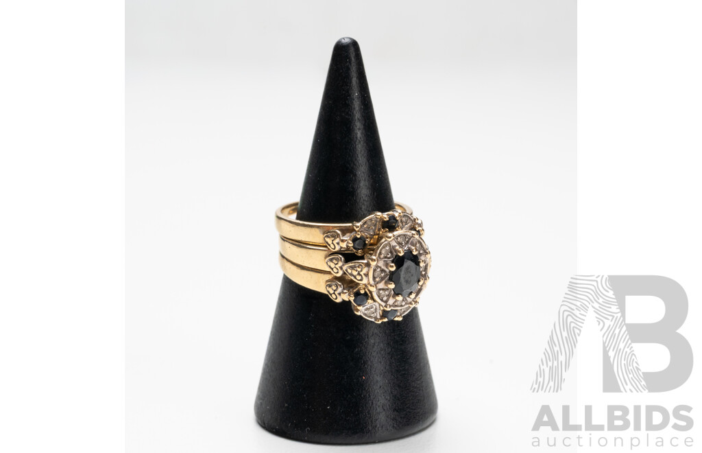 10ct Yellow Gold Sapphire & Diamond Engagement/ Wedder/ Eternity Ring Set - Size K