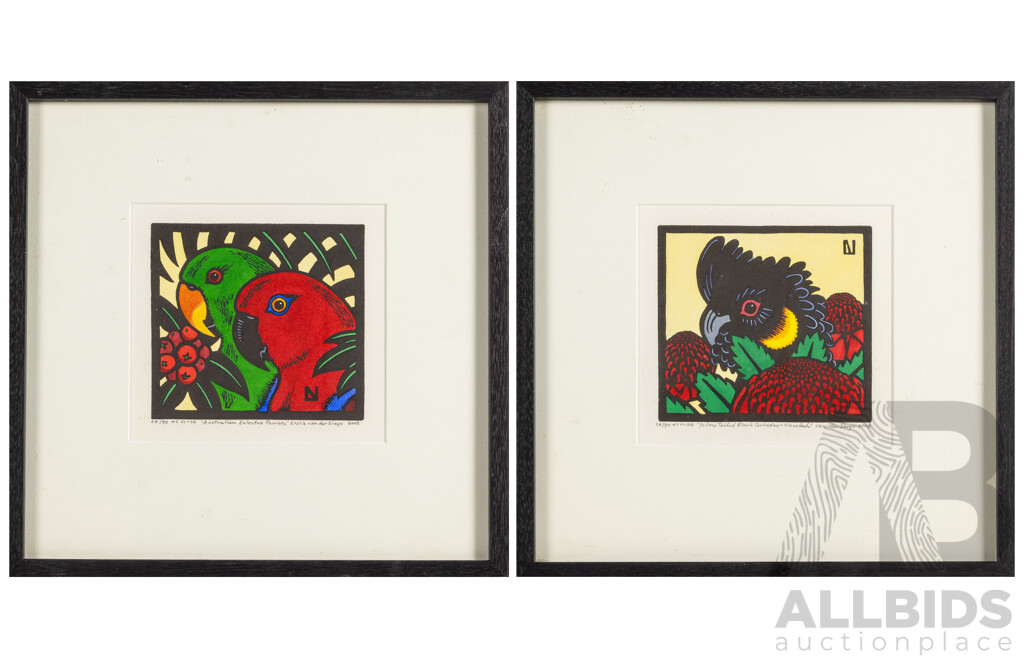 Leslie van der Sluys (20th Century, Australian, 1939-2010), Yellow Tailed Black Cockatoo & Waratah and Australian Eclectus Parrots (2003), Pair of Wonderful Hand Coloured Linocuts, 33H x 33W cm (frames) (2)