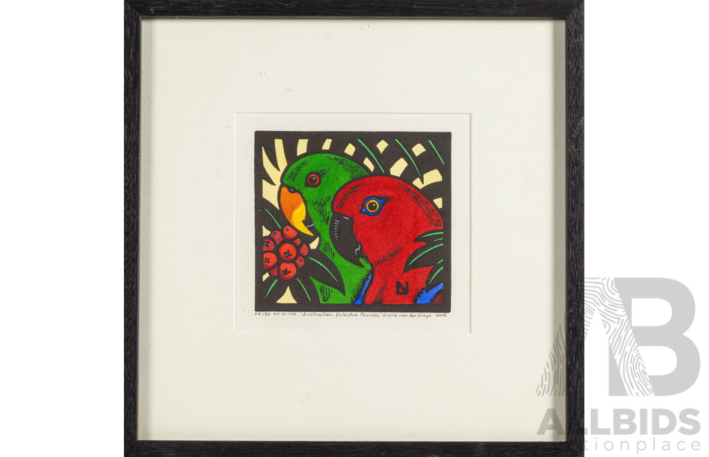 Leslie van der Sluys (20th Century, Australian, 1939-2010), Yellow Tailed Black Cockatoo & Waratah and Australian Eclectus Parrots (2003), Pair of Wonderful Hand Coloured Linocuts, 33H x 33W cm (frames) (2)