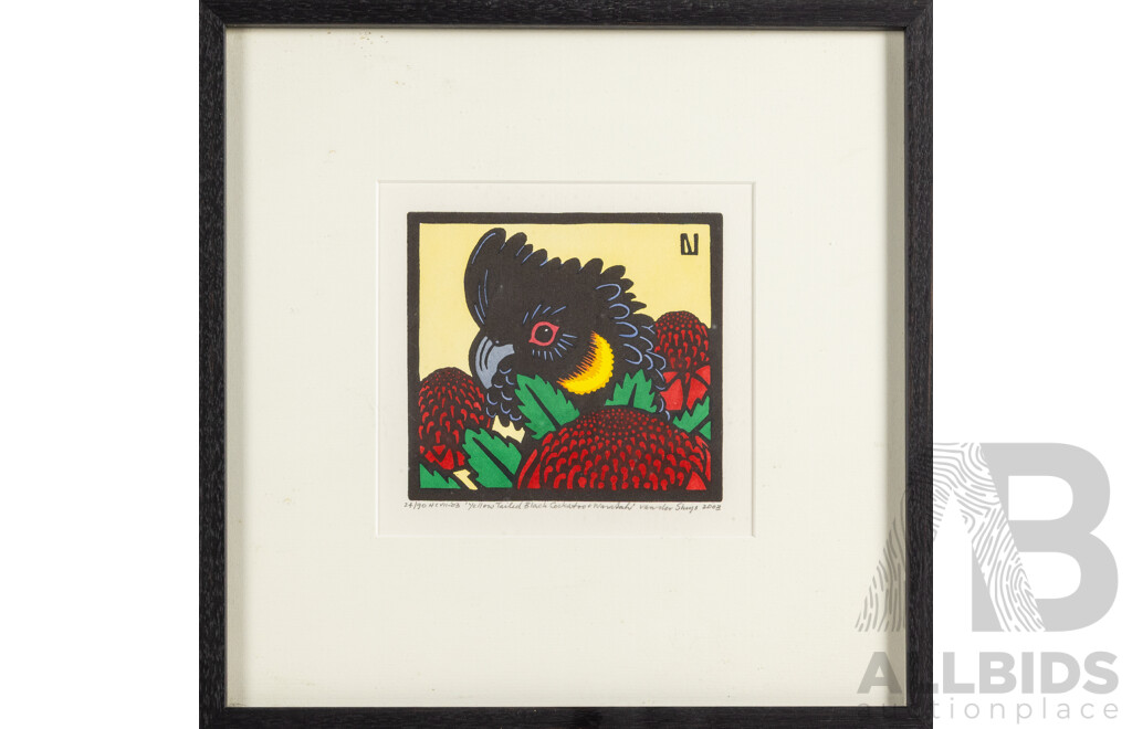 Leslie van der Sluys (20th Century, Australian, 1939-2010), Yellow Tailed Black Cockatoo & Waratah and Australian Eclectus Parrots (2003), Pair of Wonderful Hand Coloured Linocuts, 33H x 33W cm (frames) (2)