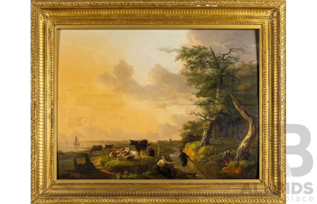 Van Den Bosch (18th Century, Flemish School), Pastoral Landscape with Cattle at Dusk (1786), Antique Oil on Oak Panel, 70H X 87W Cm (frame)