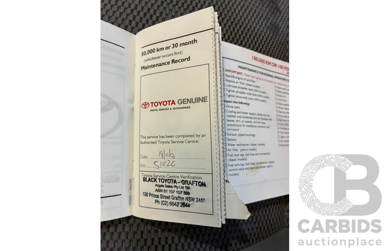 08/2006 Toyota Hilux SR (4x4) KUN26R Dual Cab P/Up White 3.0L