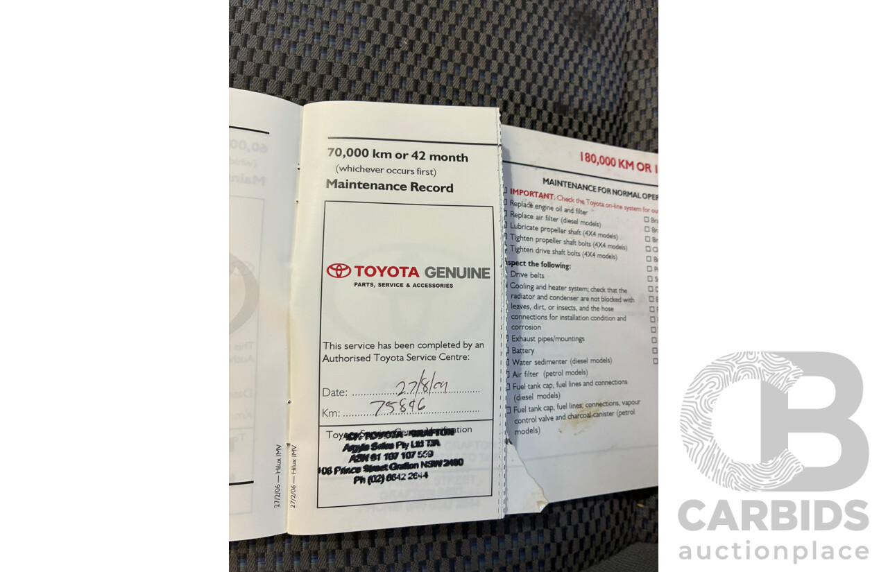 08/2006 Toyota Hilux SR (4x4) KUN26R Dual Cab P/Up White 3.0L