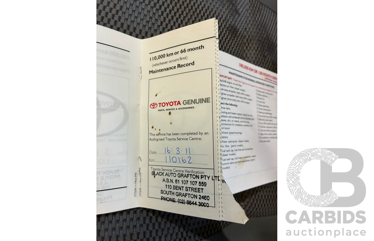 08/2006 Toyota Hilux SR (4x4) KUN26R Dual Cab P/Up White 3.0L