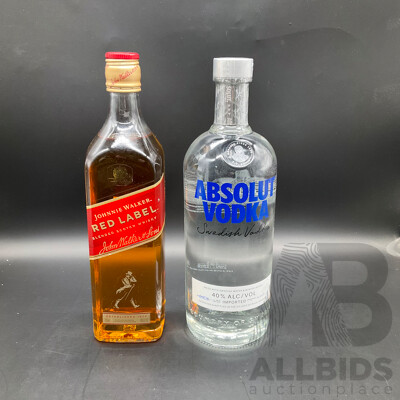 ABSOLUT Vodka 1L, JOHNNIE WALKER Red Lable Blended Scotch Whisky 700ml  - Lot of 2