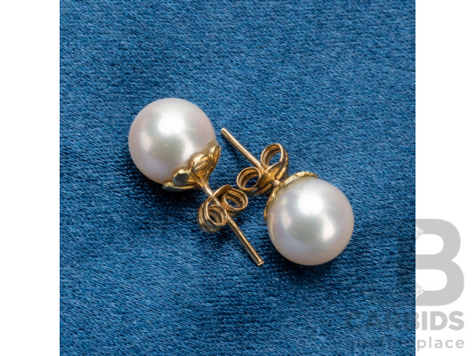 Handmade 9ct Yellow Gold Pearl Earring Studs - 2.41gms