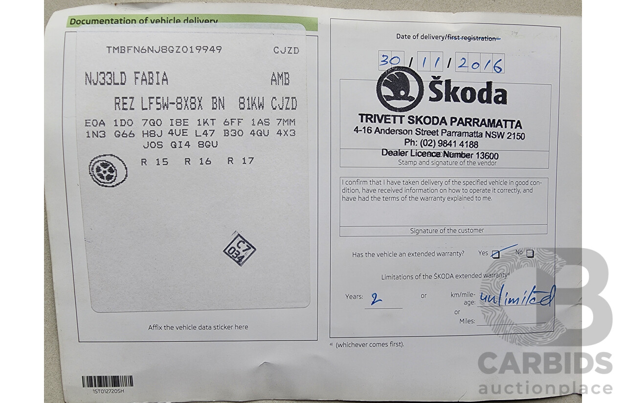 08/2015 Skoda Fabia 81 TSI NJ 5d Hatchback Blue 1.2L