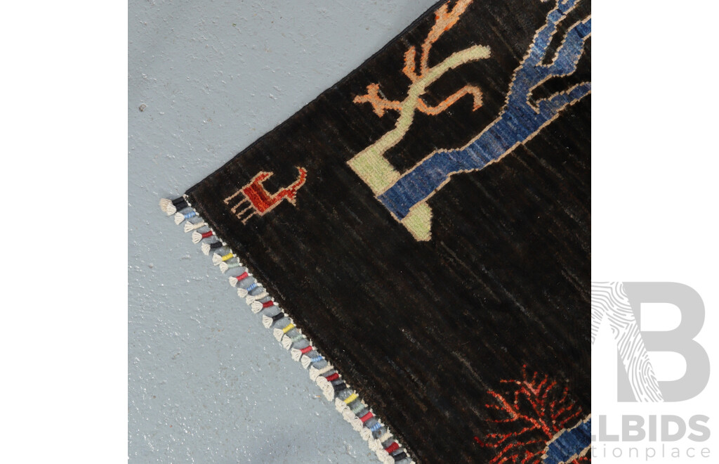 Hand Knotted Black Afghan Gabbeh Tree of Life Rug