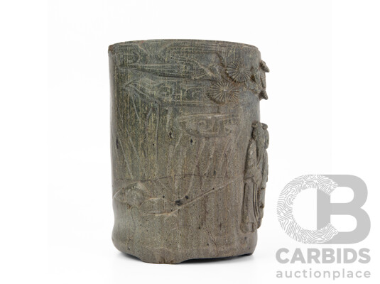 Vintage Carved Soap Stone Chinese Scholars Brush Pot