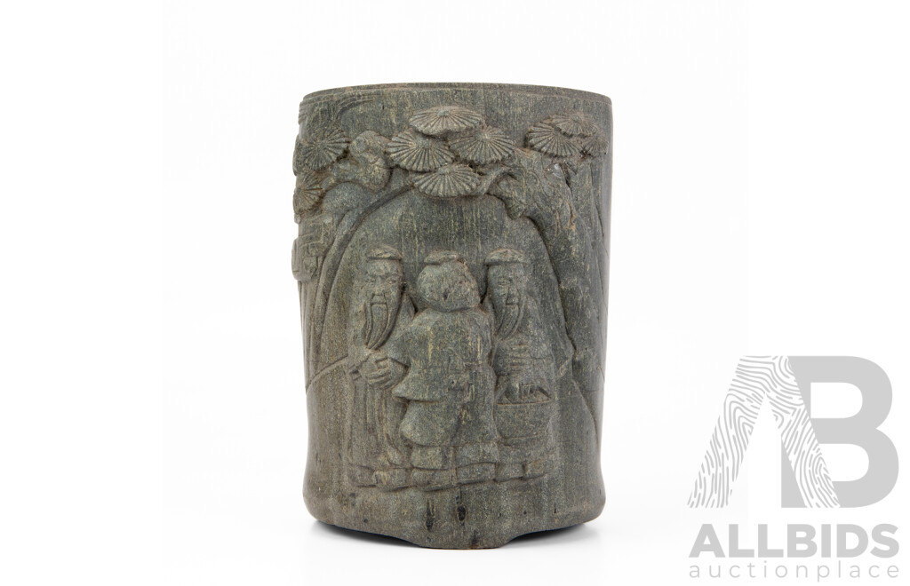Vintage Carved Soap Stone Chinese Scholars Brush Pot