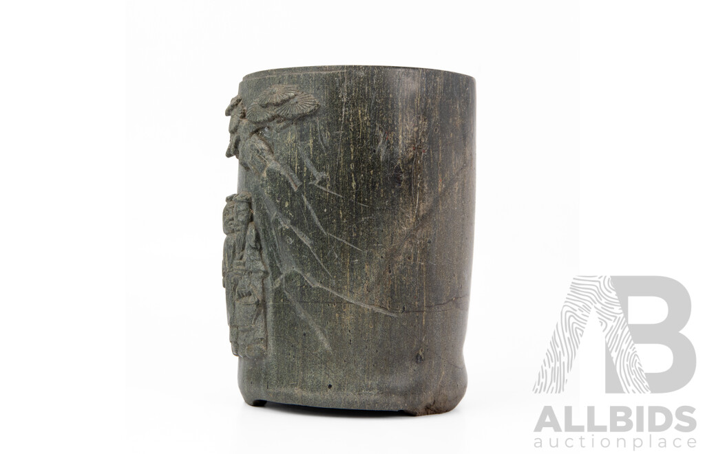 Vintage Carved Soap Stone Chinese Scholars Brush Pot