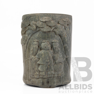 Vintage Carved Soap Stone Chinese Scholars Brush Pot