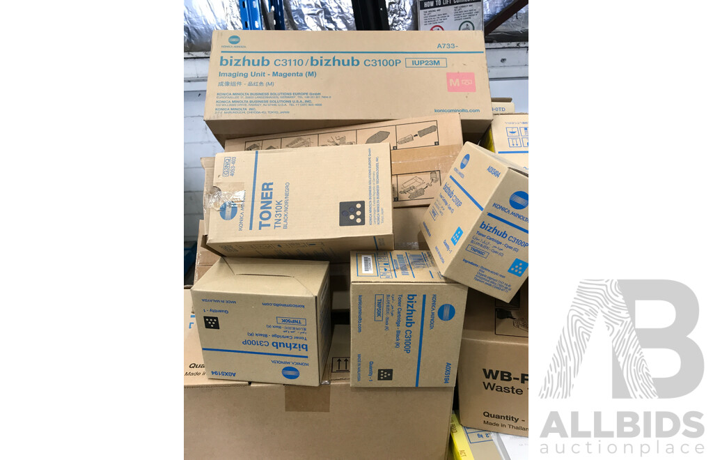 Bulk Lot of Assorted Printer Toners and Cartridges From Epson and Konica Minolta