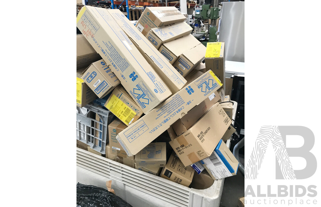 Bulk Lot of Assorted Printer Toners and Cartridges From Epson and Konica Minolta