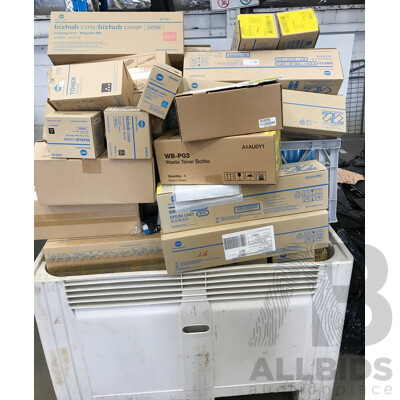 Bulk Lot of Assorted Printer Toners and Cartridges From Epson and Konica Minolta