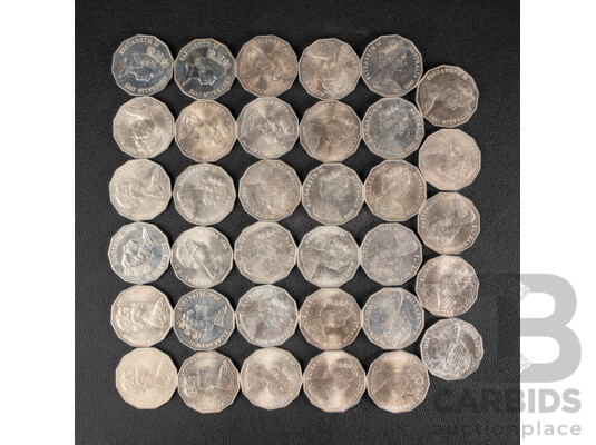 Australian Commemorative Fifty Cents Including 1970 Cook, 1977 Jubilee(15) 1982 Commonwealth Games(14) 1988 Bicentennial(4) 1976