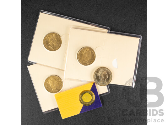 Five Australian Commemorative UNC Five Dollar Coins Including Three 1990 ANZAC Seventy Fifth Anniversary, 1988 New Parliament House, 1994 Women's Enfranchisement in South Australia