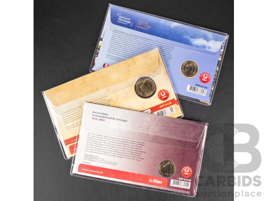 Three  Australian One Dollar PNCs Including 2010 Commonwealth Coinage, 2010 Governor Lachlan Macquarie Bicentenary, 2021 National Heritage Australia - Queen Victoria Market