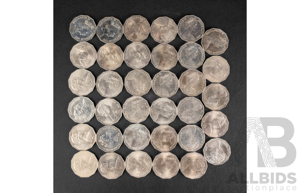 Australian Commemorative Fifty Cents Including 1970 Cook, 1977 Jubilee(15) 1982 Commonwealth Games(14) 1988 Bicentennial(4) 1976