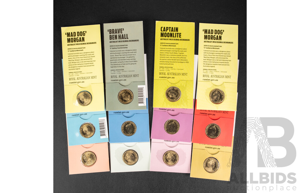 Twelve Australian Commemorative One Dollar Coins Including Four 2018 C Mint Mark Rascals & Ratbags, Five 2019 Mint Mark Bold Bad and Ugly, Three 2020 Eureka Mint Mark