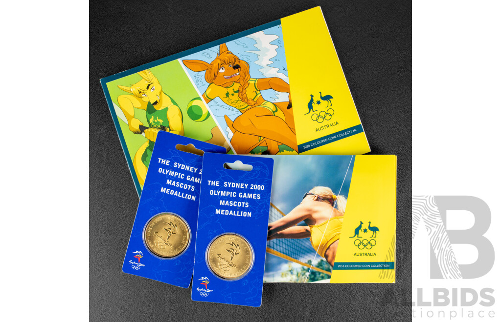 Australian Olympics 2016 and 2020 Coloured Two Dollar Coin Sets with Two Sydney 2000 Olympics Perth Mint Medallions