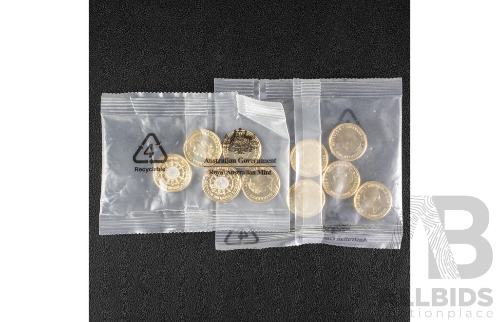 Ten Australian UNC Two Dollar Coins Including 2025 Remembering WW2 80 Years and 2022 Frontline Workers