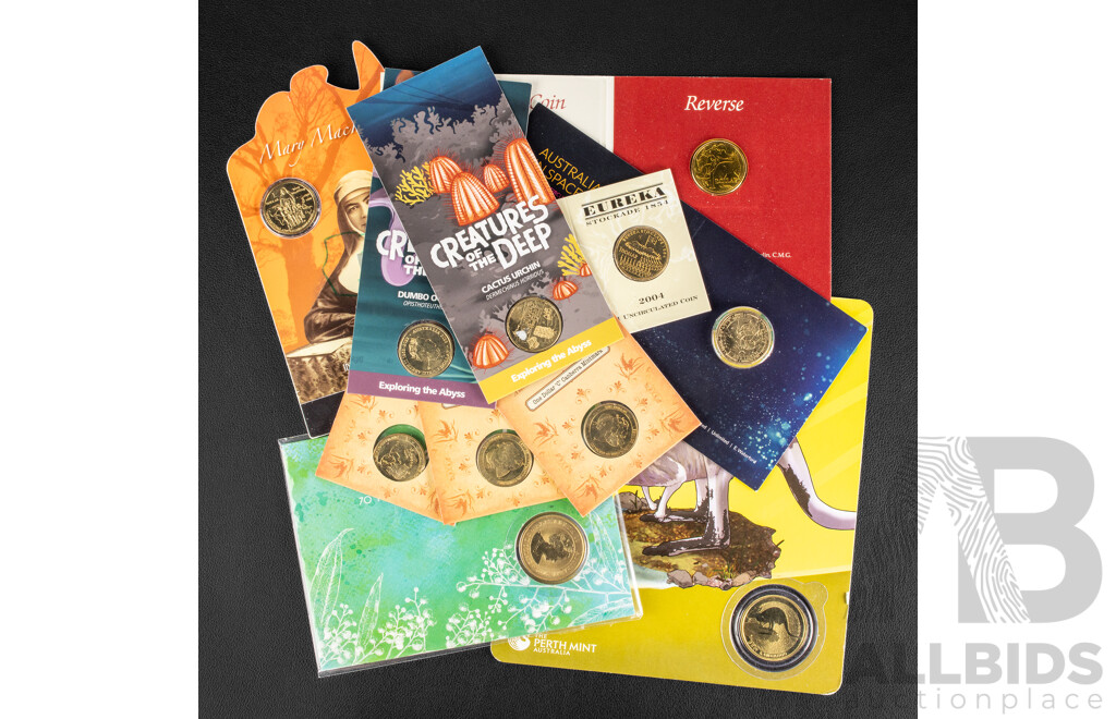 Ten Australian UNC One Dollar Coins Including Perth Mint 2008 Grey Kangaroo, 2019 Seventy Years of Citizenship 1984 First Year Issue, Three 2010 One Hundred Years of Australian Coinage C Mint Mark..........