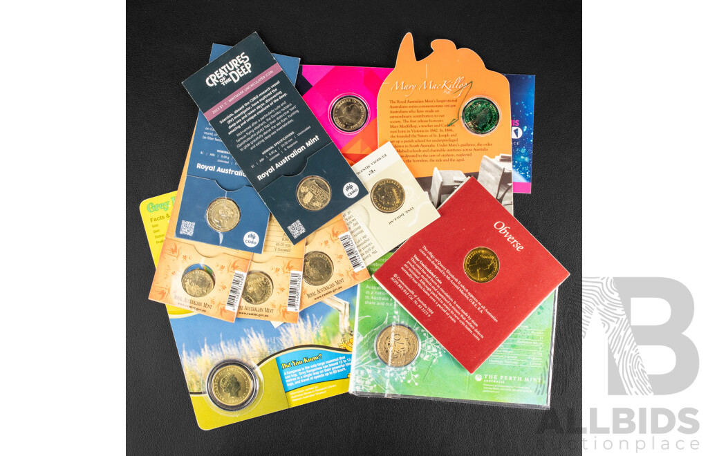 Ten Australian UNC One Dollar Coins Including Perth Mint 2008 Grey Kangaroo, 2019 Seventy Years of Citizenship 1984 First Year Issue, Three 2010 One Hundred Years of Australian Coinage C Mint Mark..........