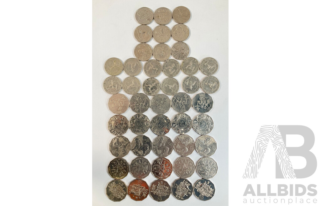 Twenty Five Australian Commemorative Fifty Cent Coins Including 1982 Commonwealth Games(5) 1994 Year of the Family(5) 1998 Bass/Flinders(5) 2001 Coat of Arms Federation(5) 2003 Volunteers(5) with 2001 Twenty Cent Federation Coin Set...................