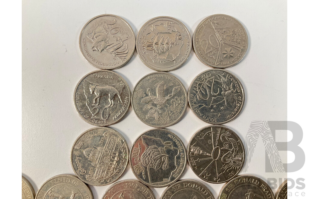Twenty Five Australian Commemorative Fifty Cent Coins Including 1982 Commonwealth Games(5) 1994 Year of the Family(5) 1998 Bass/Flinders(5) 2001 Coat of Arms Federation(5) 2003 Volunteers(5) with 2001 Twenty Cent Federation Coin Set...................