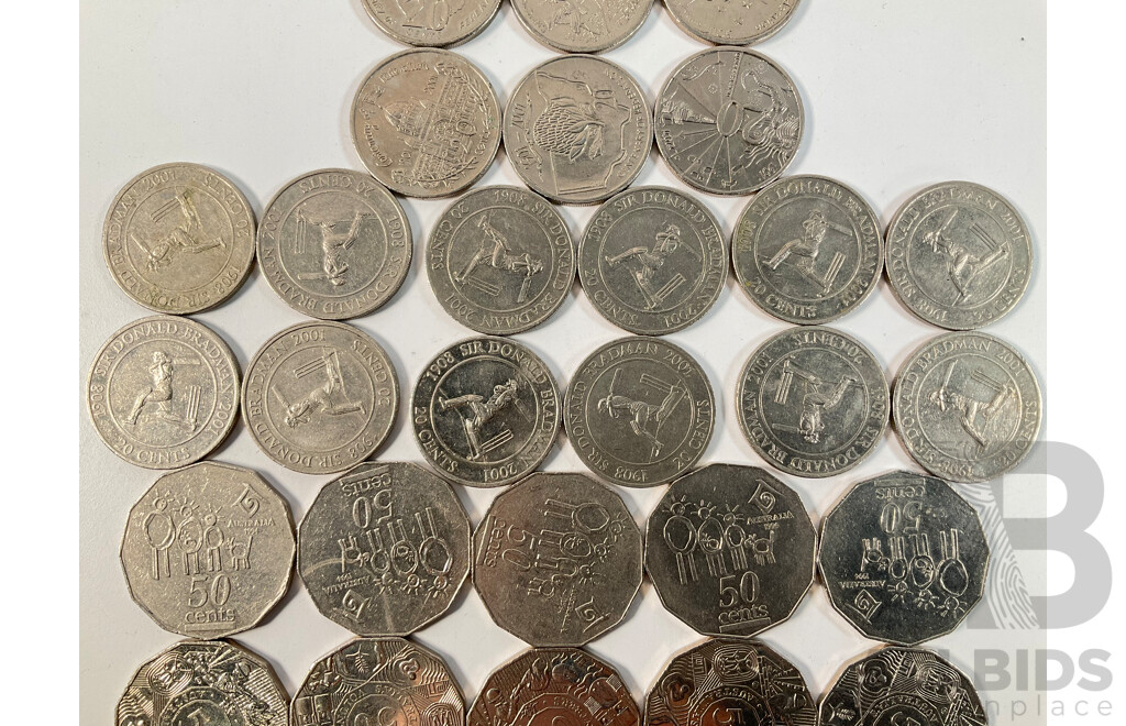 Twenty Five Australian Commemorative Fifty Cent Coins Including 1982 Commonwealth Games(5) 1994 Year of the Family(5) 1998 Bass/Flinders(5) 2001 Coat of Arms Federation(5) 2003 Volunteers(5) with 2001 Twenty Cent Federation Coin Set...................