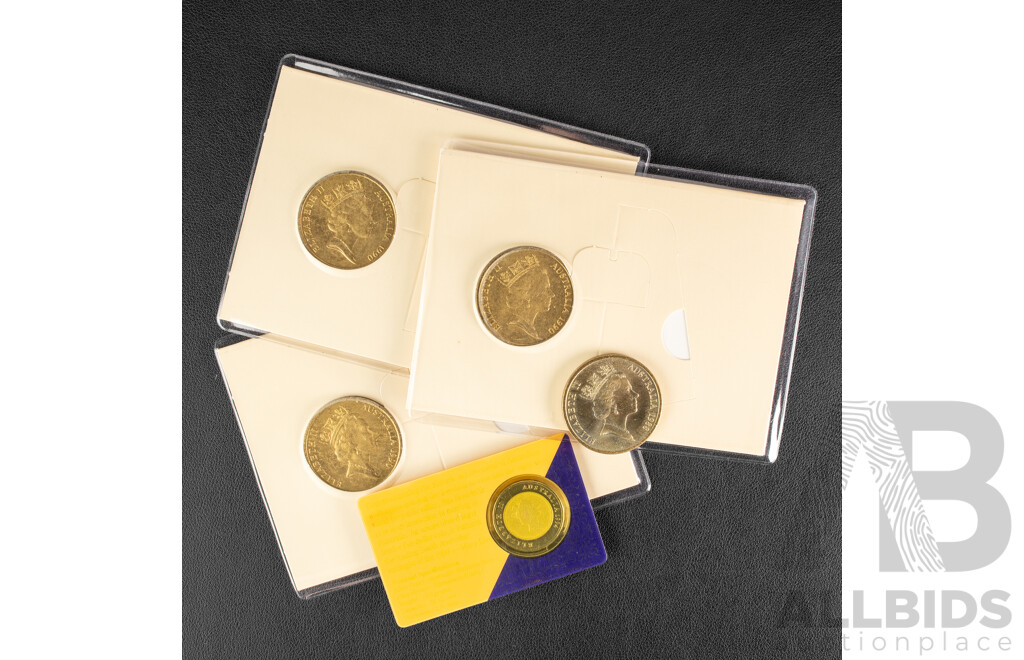Five Australian Commemorative UNC Five Dollar Coins Including Three 1990 ANZAC Seventy Fifth Anniversary, 1988 New Parliament House, 1994 Women's Enfranchisement in South Australia