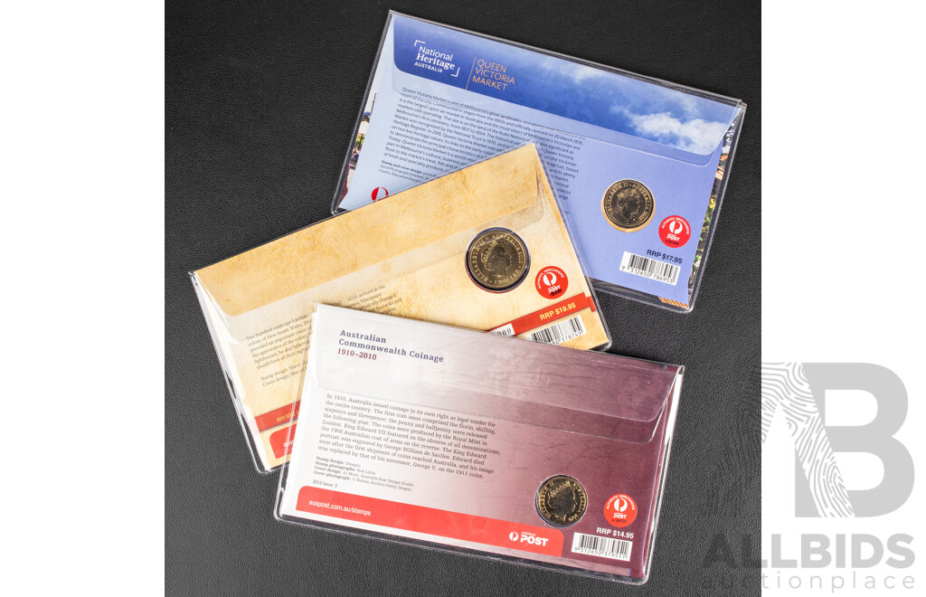 Three Australian One Dollar PNCs Including 2010 Commonwealth Coinage, 2010 Governor Lachlan Macquarie Bicentenary, 2021 National Heritage Australia - Queen Victoria Market