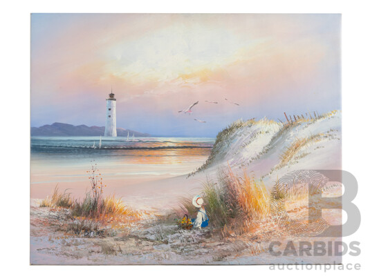 Unsigned (20th Century), Daydreams at the Dunes & Gathering Wildflowers by the Sea, Pair of Vintage Acrylic on Canvases, 50H x 60W cm (2)