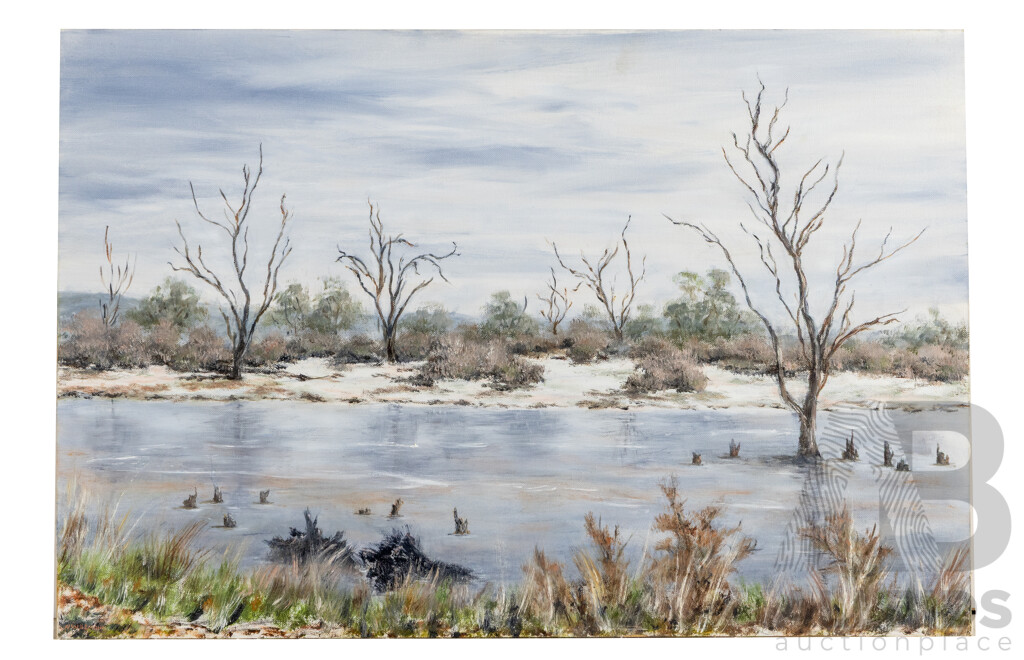 Nellie Ludemann (20th Century, Australian, 1927-2009), Coorong Landscape, South Australia, Original Vintage Oil on Canvas Board, 40.5H x 60.5W cm
