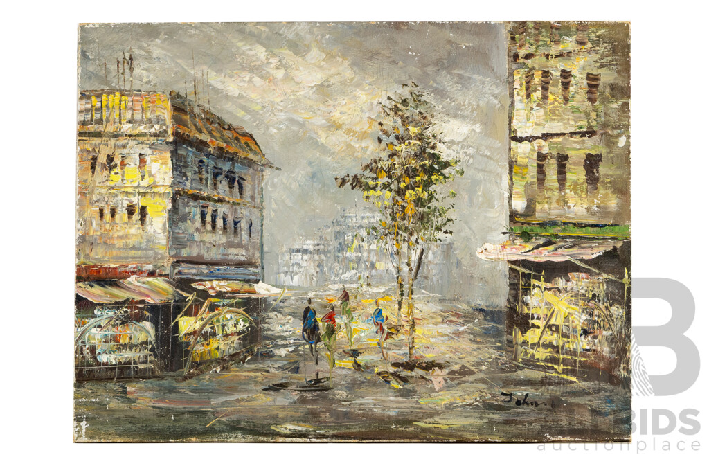 John (20th Century), Parisian Promenade, Original Vintage Oil on Canvas, 45H x 60W cm