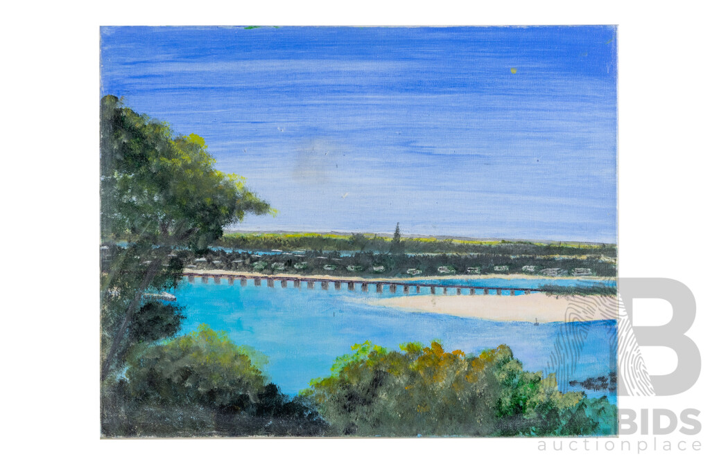 Artist Unknown (20th Century, Australian), Barwon River Bridge, Barwon Heads (2023), Original Oil on Canvas, 40H x 50W cm (frame)