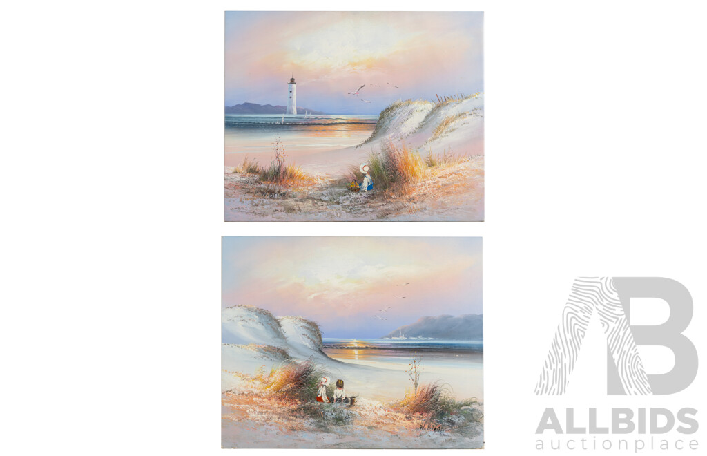 Unsigned (20th Century), Daydreams at the Dunes & Gathering Wildflowers by the Sea, Pair of Vintage Acrylic on Canvases, 50H x 60W cm (2)