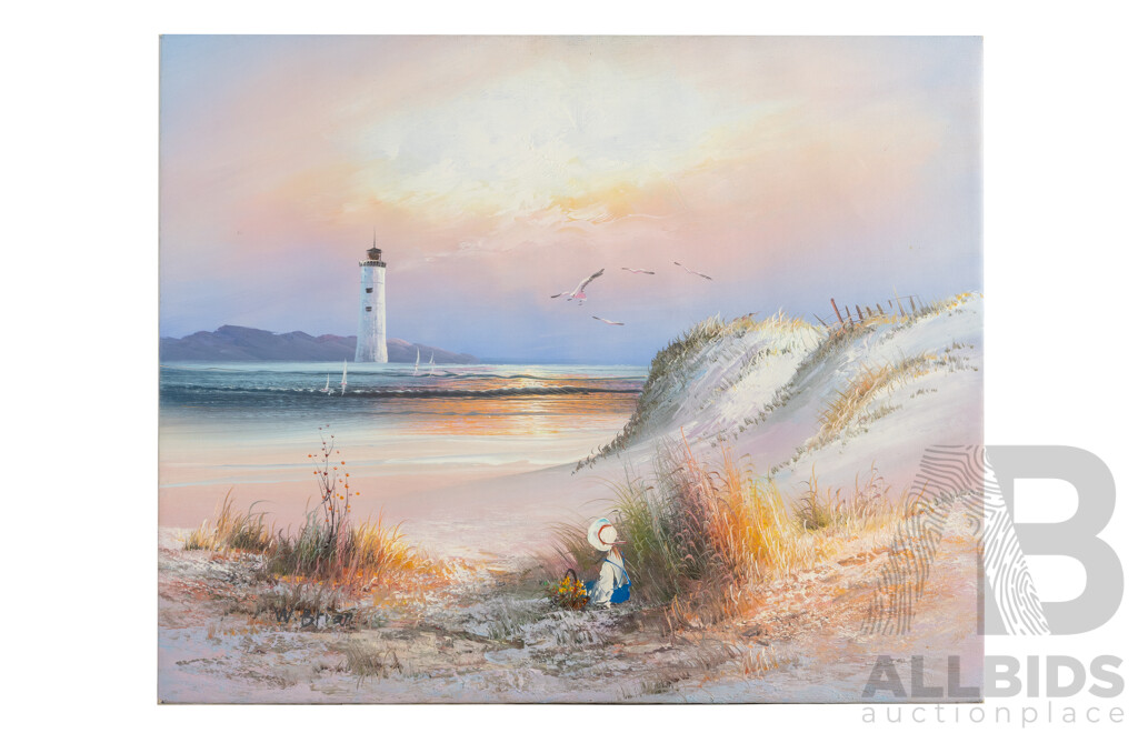 Unsigned (20th Century), Daydreams at the Dunes & Gathering Wildflowers by the Sea, Pair of Vintage Acrylic on Canvases, 50H x 60W cm (2)