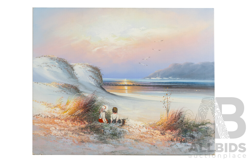 Unsigned (20th Century), Daydreams at the Dunes & Gathering Wildflowers by the Sea, Pair of Vintage Acrylic on Canvases, 50H x 60W cm (2)