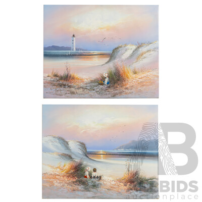 Unsigned (20th Century), Daydreams at the Dunes & Gathering Wildflowers by the Sea, Pair of Vintage Acrylic on Canvases, 50H x 60W cm (2)